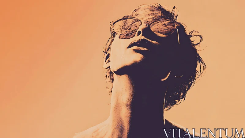 Stylized portrait of person in sunglasses on orange background.