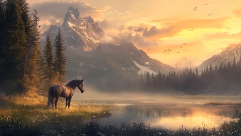 Quiet horse enjoys a misty mountain lake at golden sunset