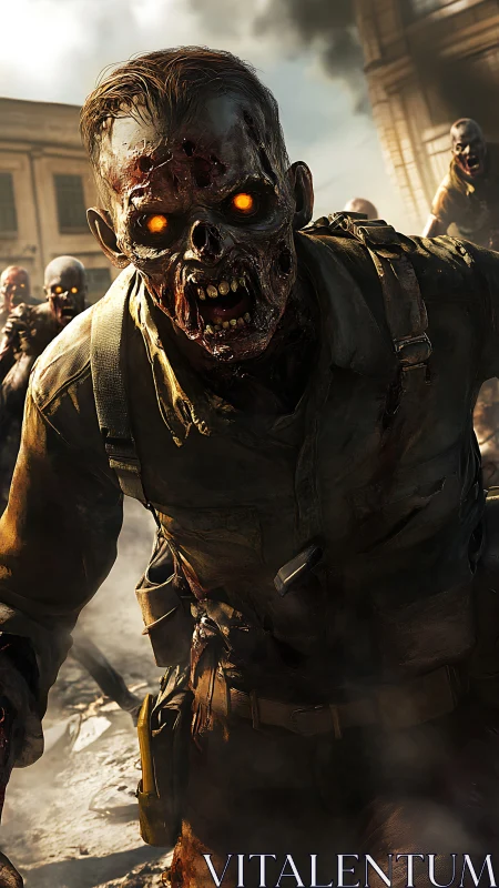 Decomposed soldier corpse with glowing eyes in ruined street.