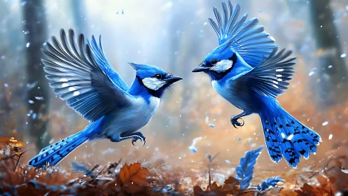 Two vibrant blue jays in flight, digital realism in autumn forest.