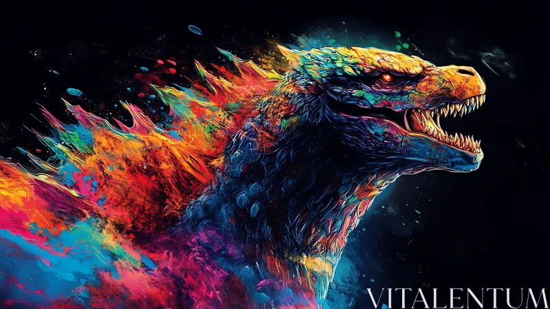 Roaring neon kaiju surrounded by explosive rainbow energy.