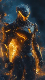 Molten-core cyber guardian strides from the storm of embers