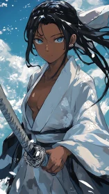 Sword-wielding warrior in white kimono under dynamic sky
