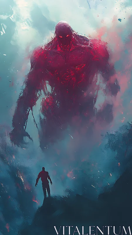 Lone figure confronts colossal red entity in swirling void