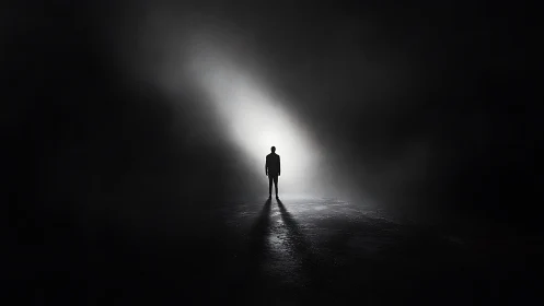 Solitary silhouette walking into stark tunnel light.