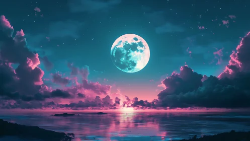 Moonlit ocean horizon under teal and pink clouds at dusk.