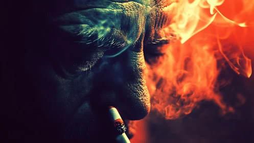 Moody close-up portrait glows in embers of curling smoke