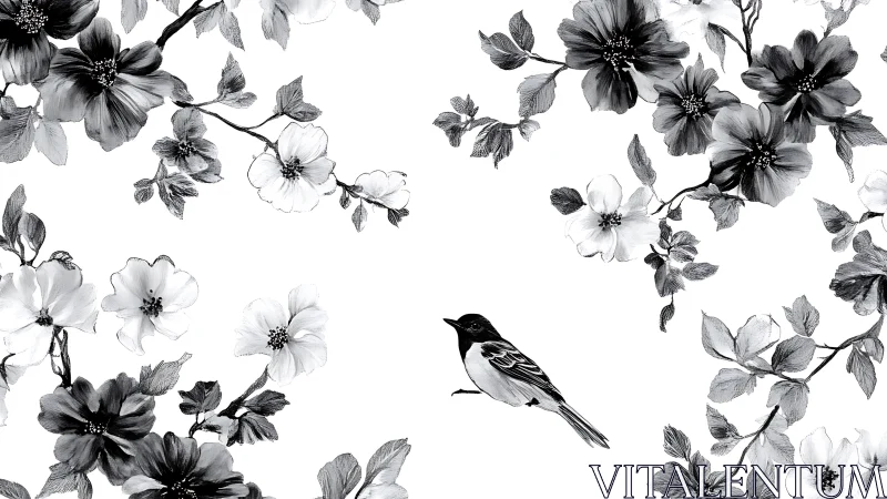 Solitary bird perches amid monochromatic floral arrangements in botanical composition.