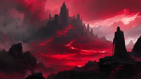 Cloaked warrior surveys infernal fortress above lava plain