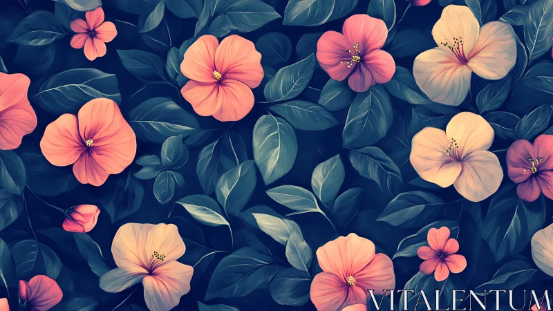 Digital Botanical Illustration with Layered Hibiscus and Foliage Composition