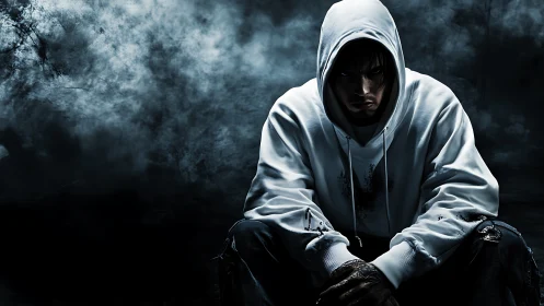 Hooded male figure seated against dark smoky backdrop.
