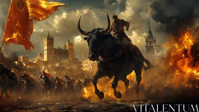 Warrior rides a raging bull through a burning medieval city