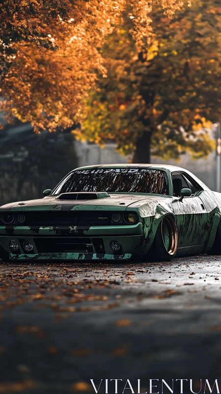 Widebody classic muscle car rests under glowing autumn trees.