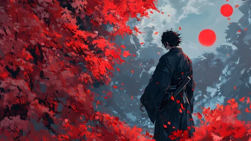 Wandering ronin beneath twin crimson suns of falling maple.