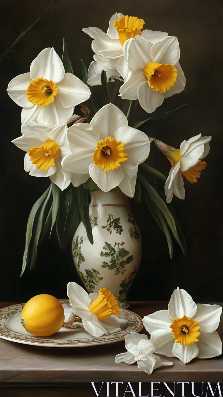 White Narcissus Bouquet with Golden Corona Trumpet Against Dark Backdrop.