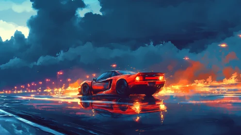 Scarlet thunderstorm racer carves molten light across rain