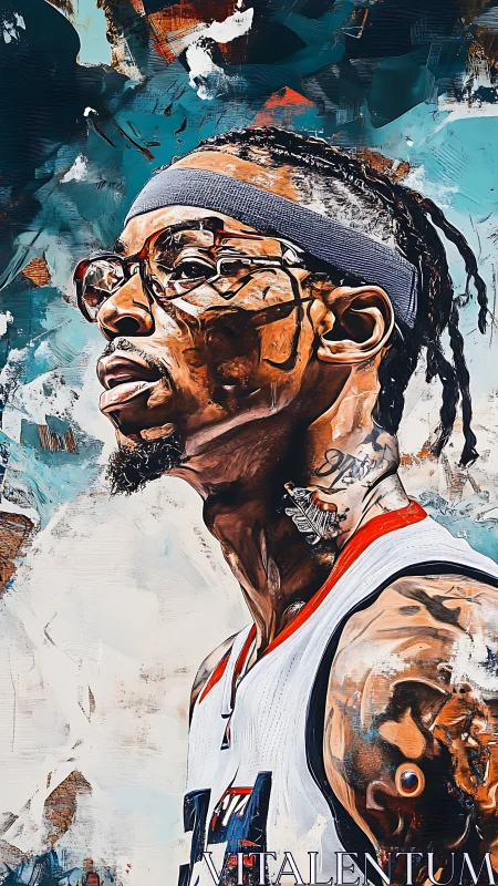 Dynamic basketball portrait rendered in bold painterly strokes.
