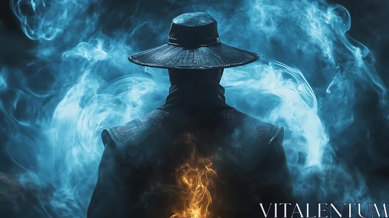 Mystic warrior silhouette in blue smoke with inner fire.