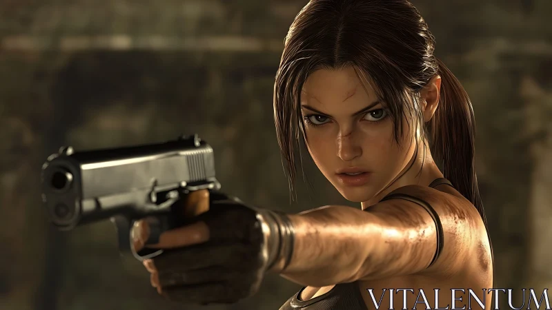 Rendered female action character aiming handgun forward.