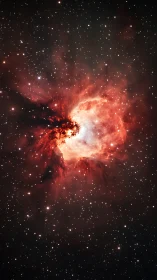 Bright red nebula cloud in dense star field of space.