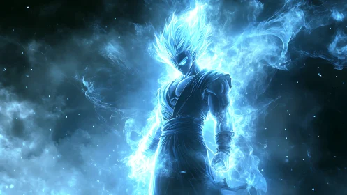Radiant anime warrior rising in swirling electric blue light.
