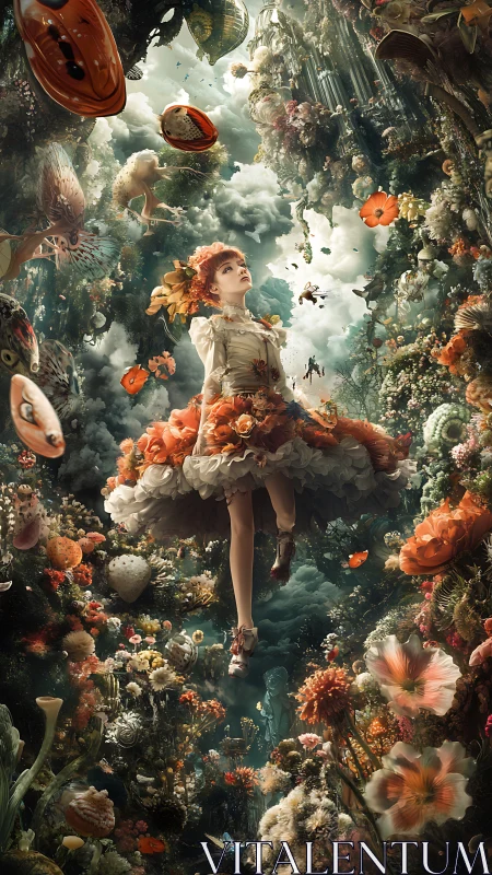 Surreal red-haired girl floating through lush floral dreamscape.