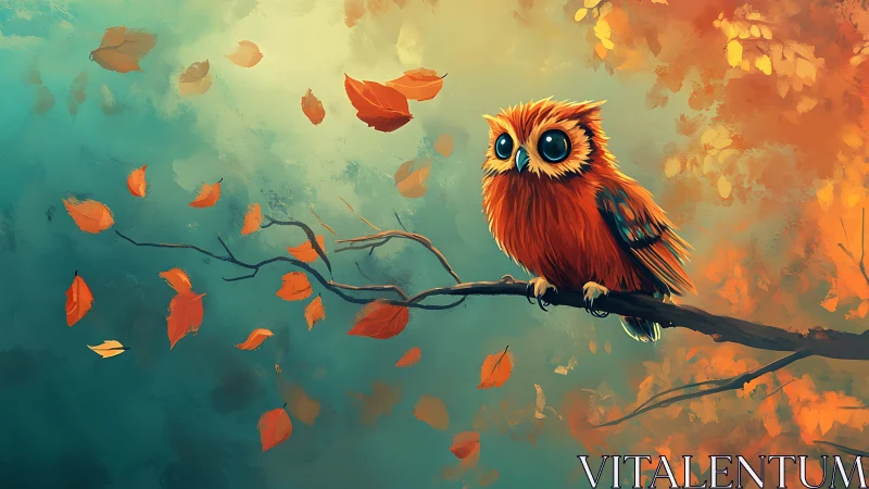 Cute Big-Eyed Owl on Branch in Autumn Forest, Digital Painting.