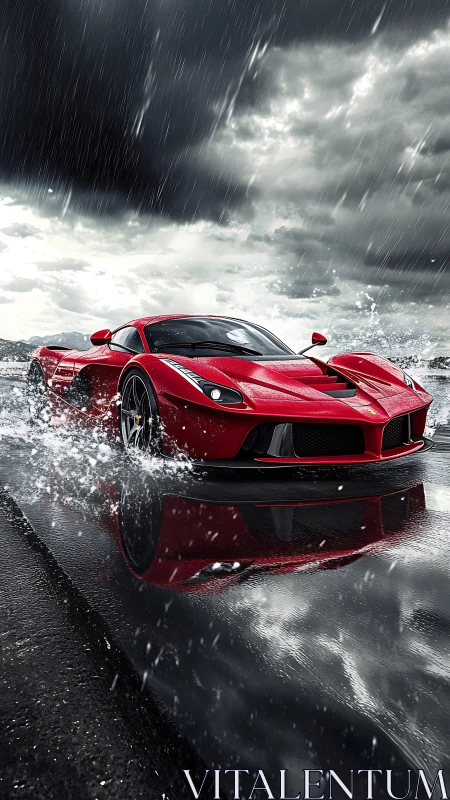 Photorealistic supercar in dynamic wet-weather road action.