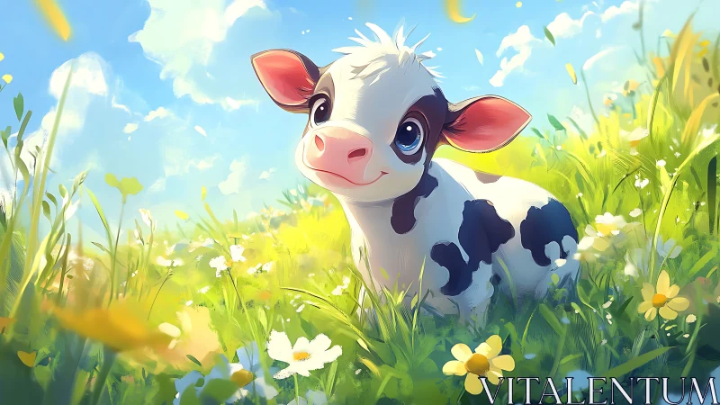 Cute cartoon calf resting in sunny flower meadow scene.