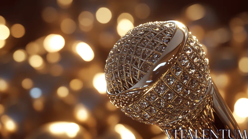 Golden metallic microphone rendered with shallow depth of field