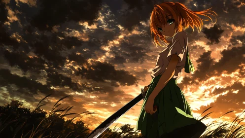 Sunset-lit anime swordswoman in windswept field, low angle