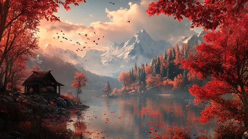 Crimson mountain lake refuge under drifting autumn embers.