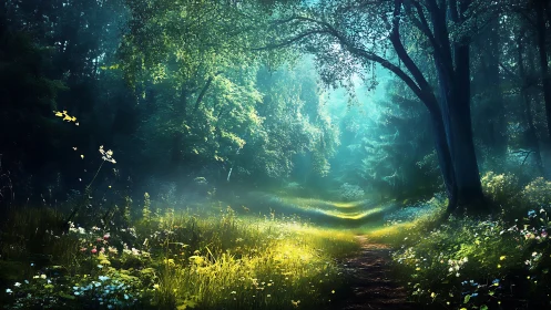 Verdant Forest Canopy Pathway: Volumetric Light Through Deciduous Trees