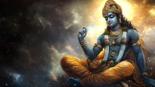 Cosmic blue deity in stellar nebula with radiant aureole glow.