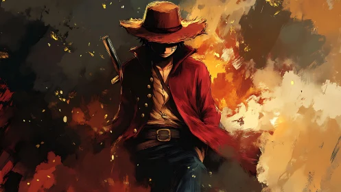 Lone gunslinger in red coat amid abstract fiery backdrop.
