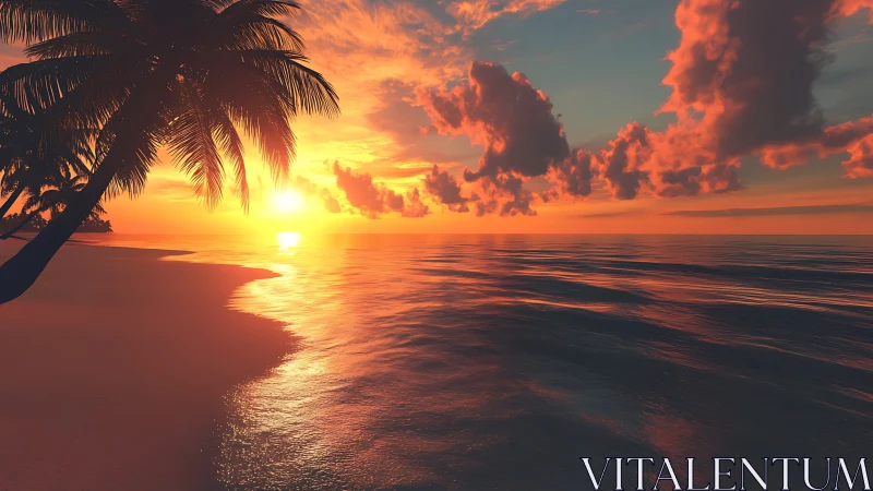 Rendered tropical shoreline displays low sun over calm water