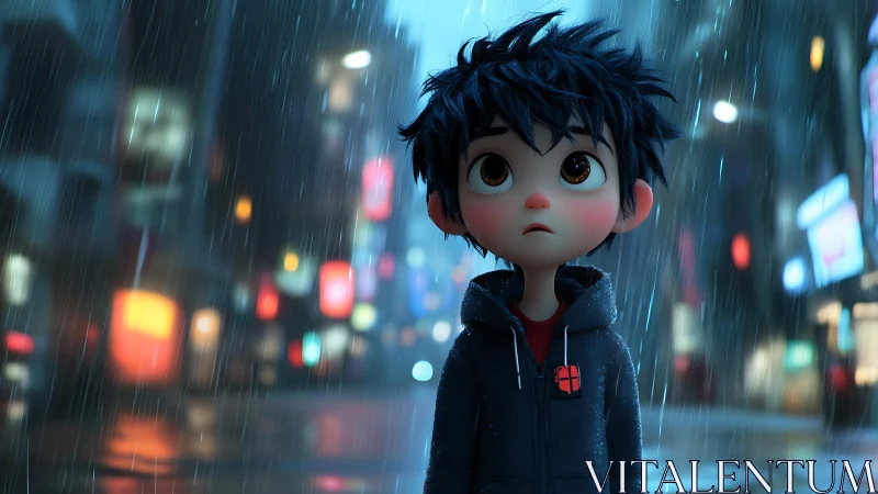 Melancholic CG boy in neon city rain with cinematic depth.
