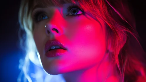 Neon-lit portrait captures a woman in intense cinematic wonder