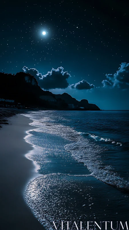 Moonlit waves roll softly along a tranquil starlit shore