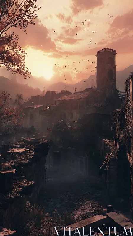 Ruined hillside settlement under dense sunset sky.