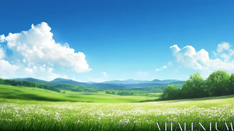 Wide green meadow with distant hills under clear blue sky.