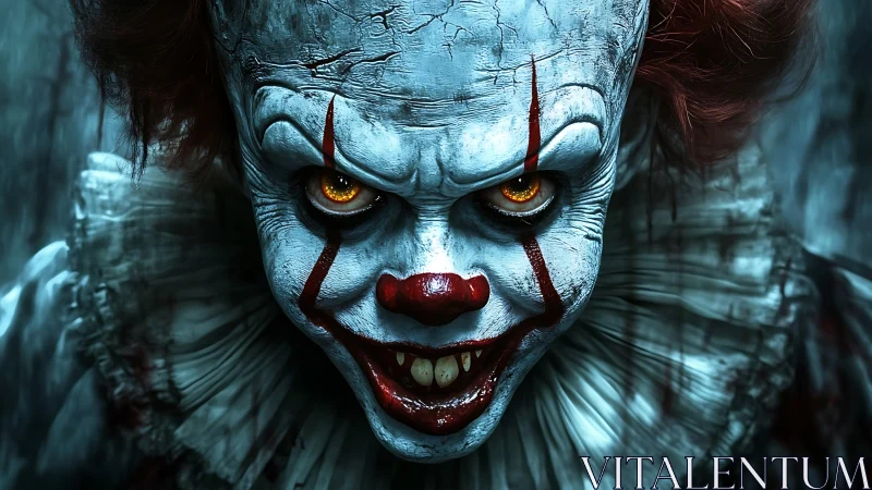 Sinister clown close-up with glowing golden eyes in shadows.