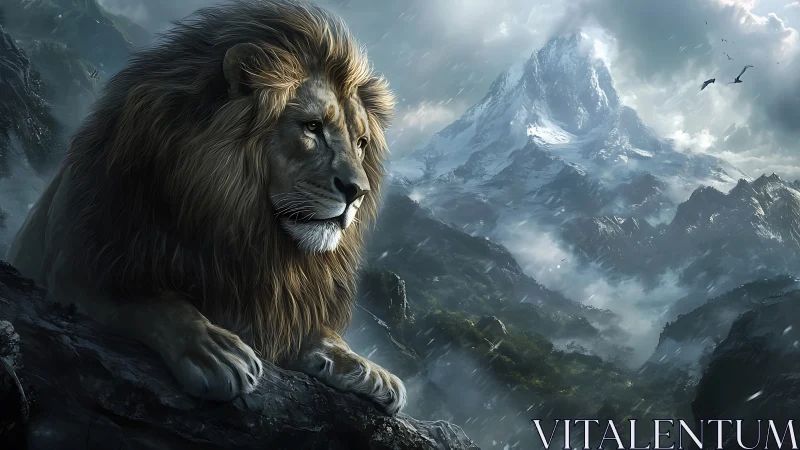 Lion rests on rocky ledge overlooking distant mountain range