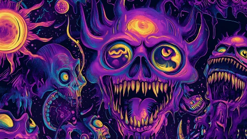 Neon horned skull creature amid cosmic grotesque forms.