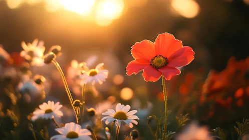Red and white flowers photographed during golden hour with bokeh background