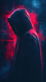 Shrouded hooded figure in neon red and cyan haze.