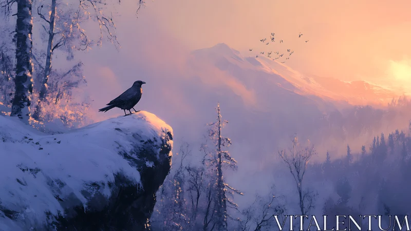 Solitary crow overlooks misty mountains at winter sunrise.