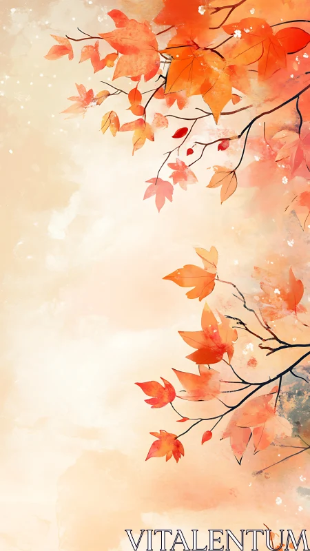 Autumn maple branches curve across soft watercolor sky