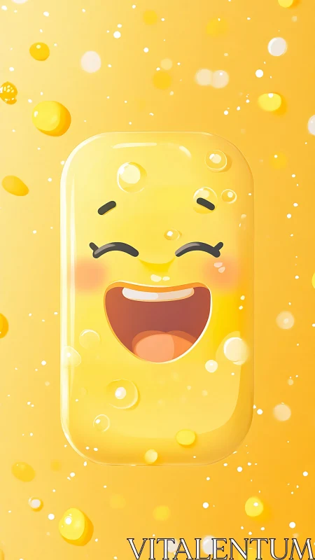 Playful glossy emoji block with floating liquid bubbles.