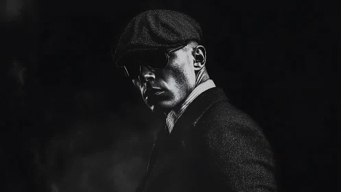 Moody noir portrait of man in cap and sunglasses.
